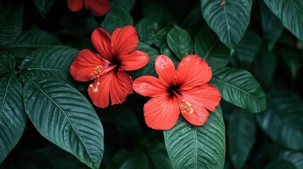 Vibrant Red Hibiscus Blossoms Amidst Lush Green Foliage