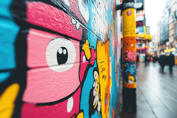 Naklejka premium Kolorowa sztuka uliczna zdobiąca ścianę w Londynie, w tle widać rozmazanych ludzi spacerujących