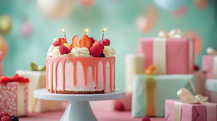 Festive birthday celebration featuring delicious cake and colorful presents on display Birthday pictures without letters