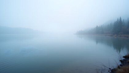 Fototapeta premium Fog over Baikal: Morning fog enveloping the surface of the lake, creating a mysterious atmosphere and soft shades. 