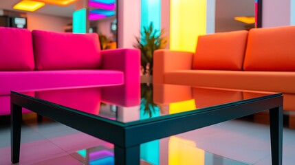 A vibrant, modern living space featuring colorful couches and a sleek glass table amidst bright lighting.