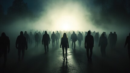 People journeying together in the direction of a bright source.