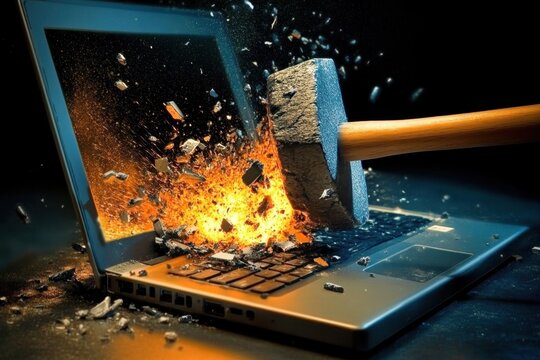 The destructive impact of a sledge hammer on a laptop.