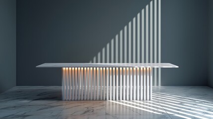 Obraz premium A modern table design featuring vertical slats casting dynamic shadows, set in a minimalist room with a sleek marble floor and a muted wall.