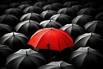 The vibrant contrast of a red umbrella in a monochrome crowd.