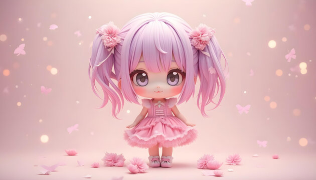 linda ni&ntilde;a chibi feliz con el pelo rosa con reflejos lila y vestido rosa. kawaii