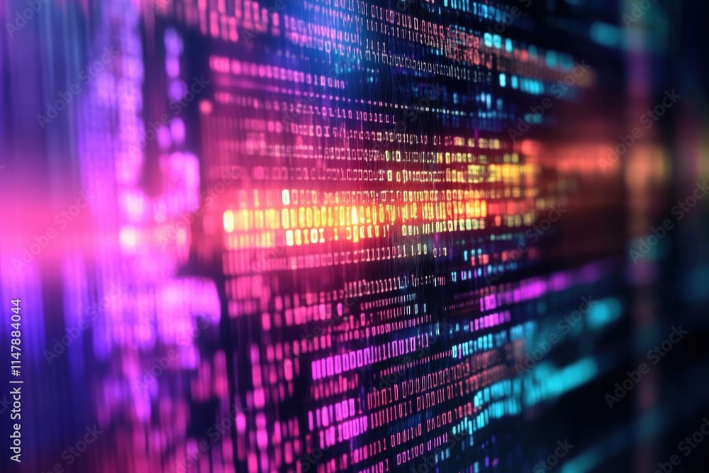 Poster abstract digital background featuring vibrant data streams, code patterns, and computer science elem