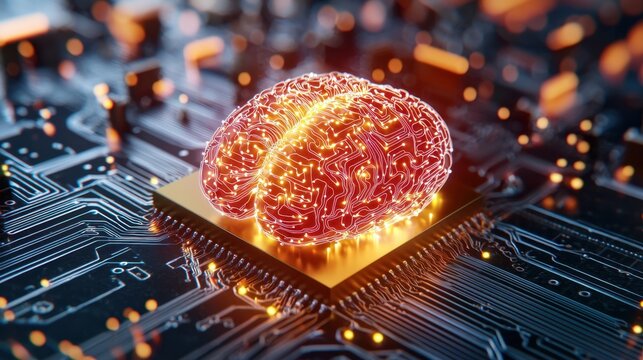 The intricate network of interconnected circuits and nodes in this stock illustration image visually represents the complex and intelligent processing capabilities of the human brain