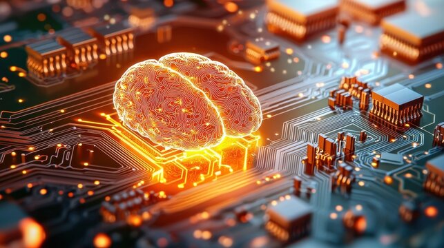 The intricate network of interconnected circuits and nodes in this stock illustration image visually represents the complex and intelligent processing capabilities of the human brain