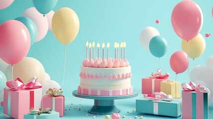 A colorful birthday celebration with balloons floating over a cake and neatly arranged gifts Birthday pictures without letters