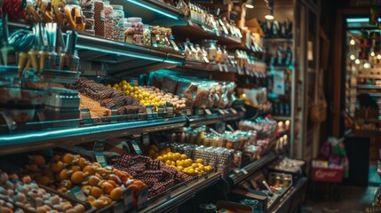 A fully stocked supermarket aisle with colorful products