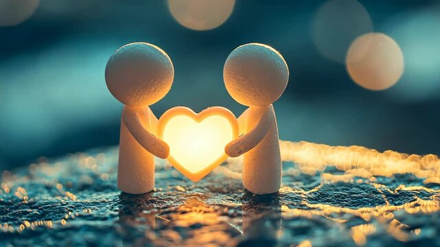 valentine romance tiny Two stylized white figurines embracing a radiant heart, symbolizing love and unity, set against a gentle sunset backdrop