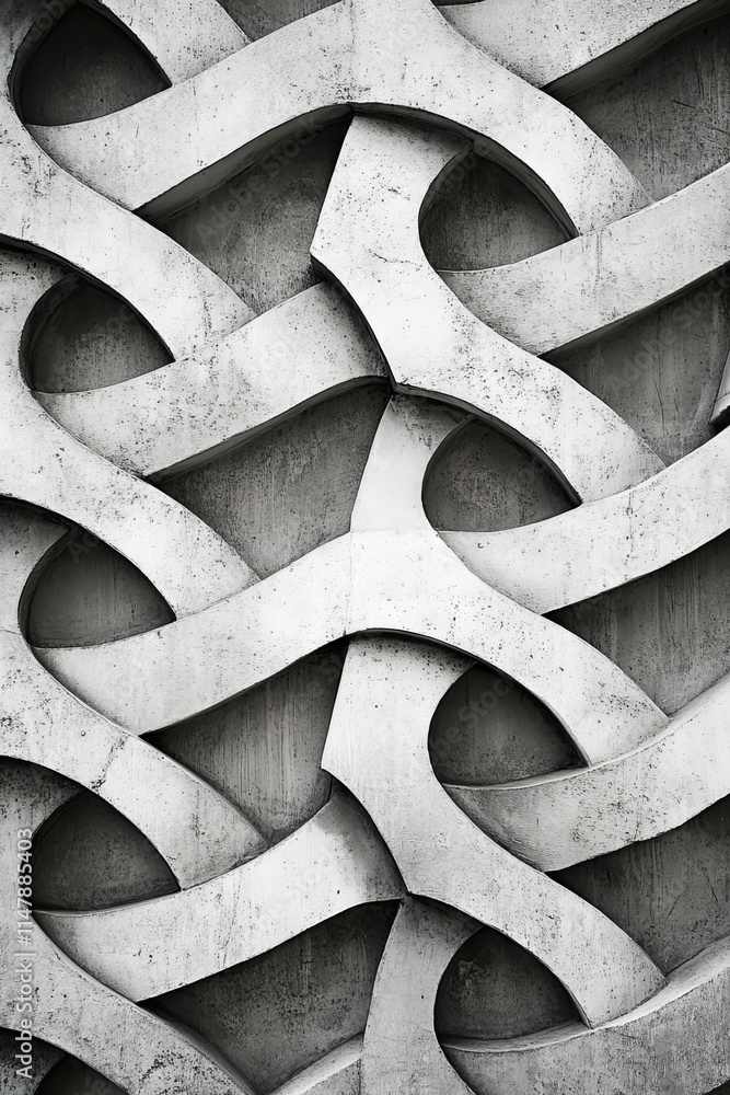 Poster close-up of a complex concrete structure showcasing an interwoven geometric pattern in grayscale.