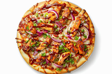 Pizza z grillowanym kurczakiem, czerwoną cebulą, świeżymi ziołami i sosem barbecue na złocistym, chrupiącym cieście.
