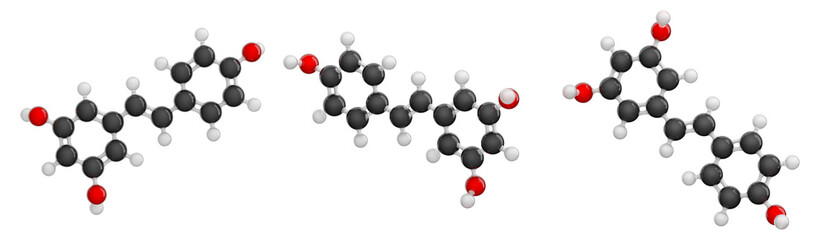 Molecule of Resveratrol. Set of views. Molecular formula: C14H12O3. Chemical model: Ball and Stick. Isolated. Transparent background. PNG transparent. 3D illustration.