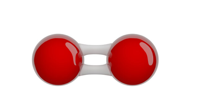 Molecule of Oxygen. Molecular formula: O2. Chemical model: Ball and Stick. Isolated. Transparent background. PNG transparent. 3D illustration.