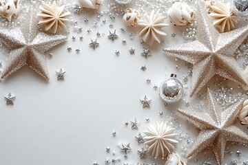 Festive Silver and Gold Christmas Decorations on White Background