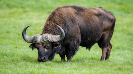 Large african forest buffalo grazing peacefully in green meadow