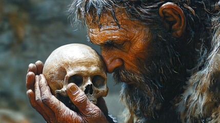 Obraz premium An illustration of a Neanderthal man clutching his skull 