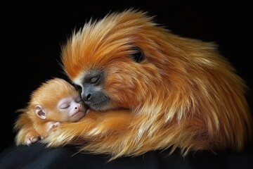 Golden snub-nosed monkey mother embracing her baby on black background
