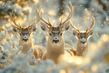 Fototapeta premium Majestic deer family posing in snowy winter wonderland