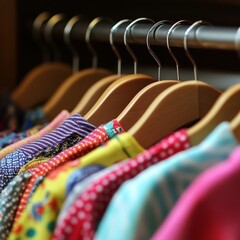 Clothes for kids on hangers, close-up.