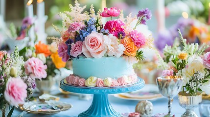 Whimsical birthday table arrangement with a playful cake surrounded by colorful decorations Birthday pictures without letters