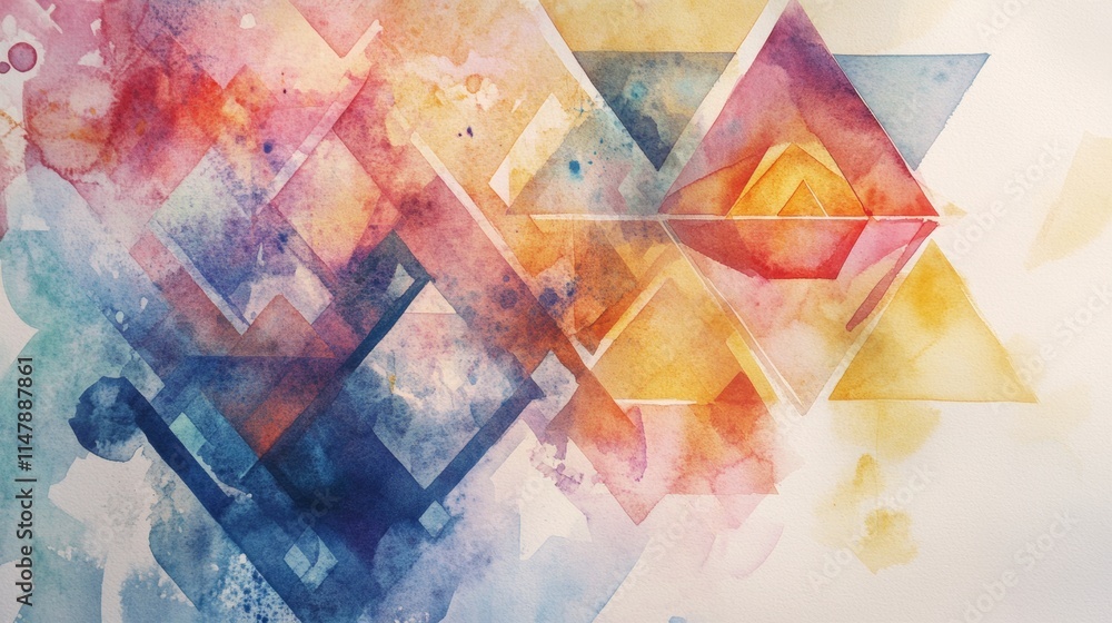 Poster a colorful abstract painting featuring a triangle in the center. the triangle is surrounded by a red
