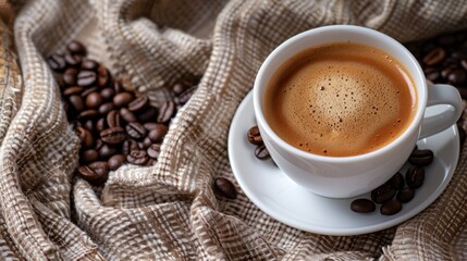 Obraz premium Cup of Fresh Coffee with Coffee Beans on Burlap