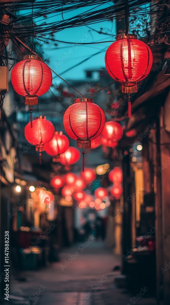 Aufkleber a street with red lanterns hanging from the ceiling. the lanterns are lit up and create a warm and i