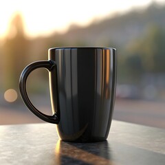 Blurry background with a black coffee mug: Perfect template for cafes and breakfast promotions