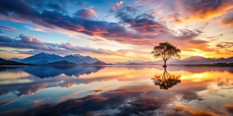 Obraz premium Serene Sunset Landscape Solitary Tree in Still Water Reflecting Vibrant Sky and Majestic Mountains