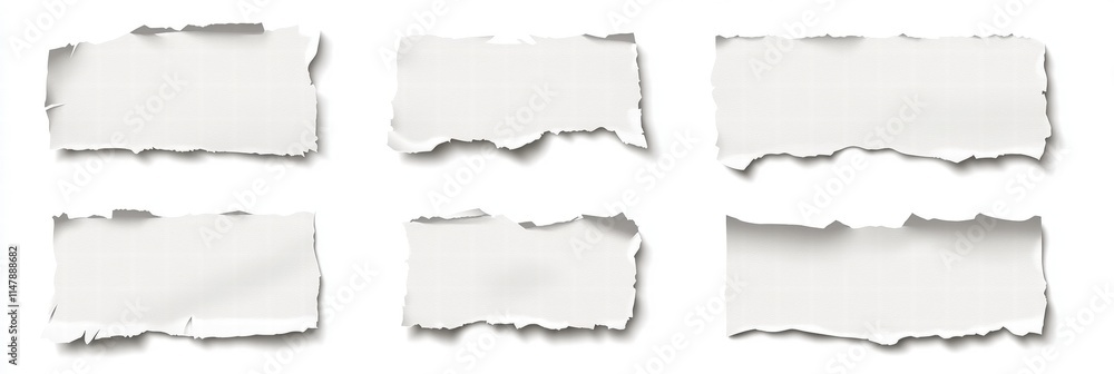 Poster collection of torn paper sheets in various sizes and shapes, isolated on a white background for crea