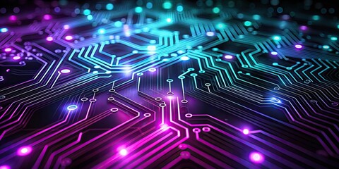Obraz premium Abstract Glowing Circuit Board Pattern with Neon Lights and Technological Connections