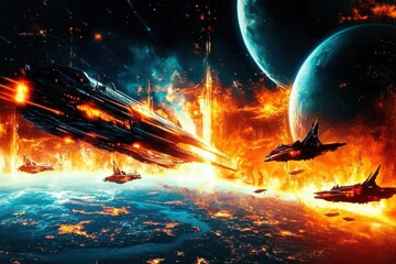 Obraz premium Generative design showcases an imaginative extraterrestrial war scene. 
