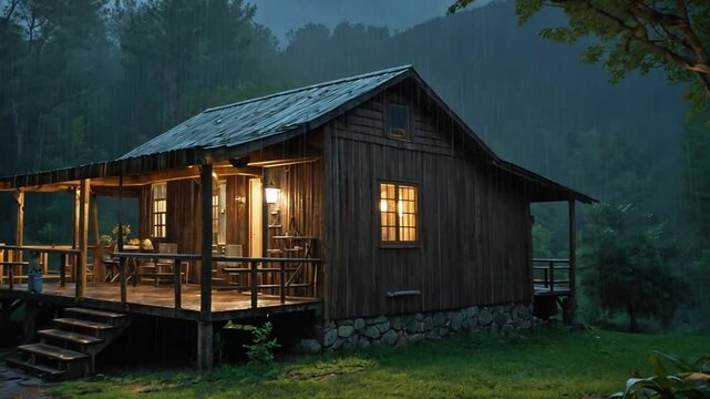 wooden old house in the forest rainy weather at night