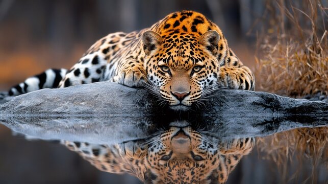 Leopard resting on rock with reflection in water