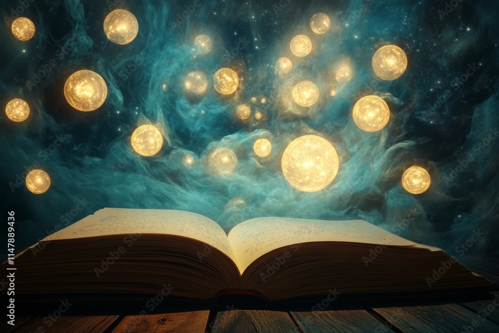 Poster a book is open to a page with a blue sky and stars. the sky is filled with glowing orbs, creating a 