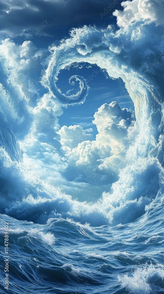 Poster a large wave with a spiral shape in the middle. the wave is surrounded by clouds. the sky is blue an