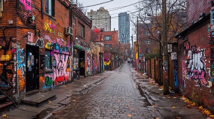 Fototapeta premium Graffiti-covered brick alleyway on a cloudy autumn day.