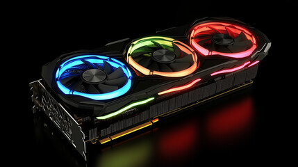 High-end graphics card with glowing RGB fans, angled to show cooling features, tech and entertainment concepts, dark background, close-up