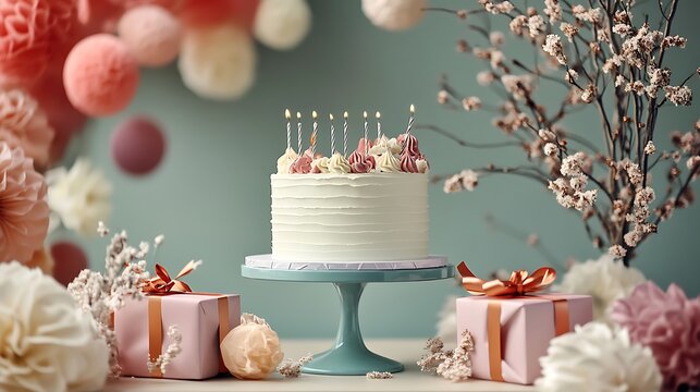 A stylish birthday celebration setup with a festive cake and colorful wrapped gifts Birthday pictures without letters