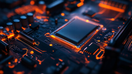 Fototapeta premium Slim and compact graphics card highlighted with minimalistic light effects, tech and entertainment concepts, dark background, close-up