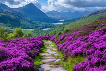 Blooming heather flowers framing stone path in scottish highlands