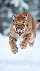 Obraz premium Fierce tiger leaps through snow-covered terrain with determined expression