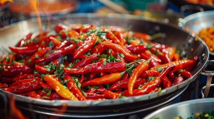 Spicy Stir-Fry with Red and Green Chilies in a Wok