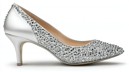 A sparkling silver high-heeled shoe adorned with rhinestones, perfect for formal occasions.
