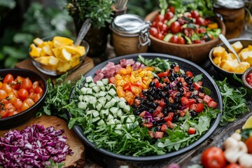 Large salad with chopped vegetables, arugula, and beans displayed on a wooden table for a healthy meal