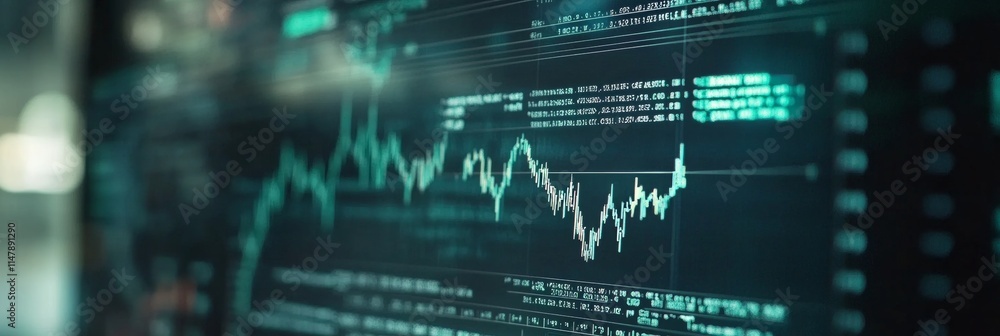 Poster close up of a blurred digital stock market graph featuring data points and trend lines