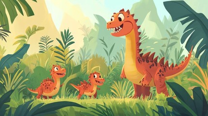 A Happy Dinosaur Family in Lush Tropical Jungle Paradise: A Delightful Illustration of Prehistoric Creatures